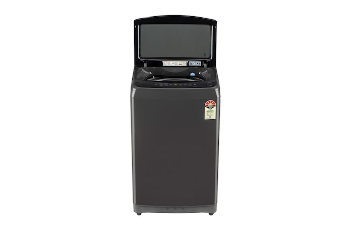 LG 8Kg Top Load Washing Machine, Smart Inverter Motor, In-built Heater, Middle Black, 5 Star, T80V4MB1S, Door Open