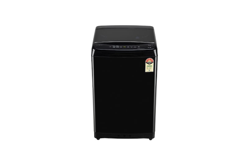 Front view of LG 8Kg Top Load Washing Machine, Smart Inverter Motor, In-built Heater, Black, 5 Star T80V4OB1S