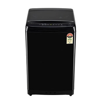 Front view of LG 8Kg Top Load Washing Machine, Smart Inverter Motor, In-built Heater, Black, 5 Star T80V4OB1S