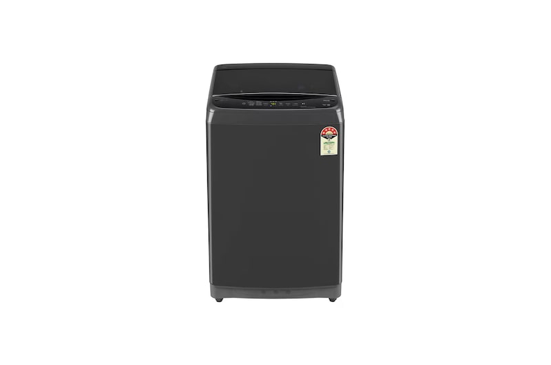 Front view of LG 9Kg Top Load Washing Machine, Smart Inverter Motor, In-built Heater, Middle Black, 5 Star T90V4MB1S