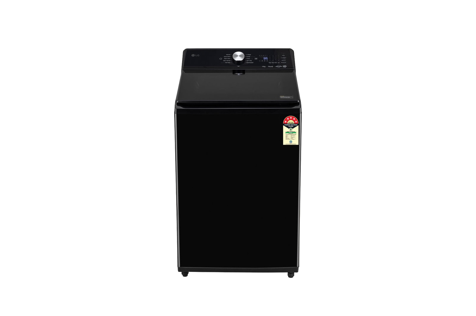 Front view of LG 11Kg Top Load Washing Machine, AI Direct Drive™, In-Built Heater, Stain Clean, Onyx Black, 5 Star TX511SWO