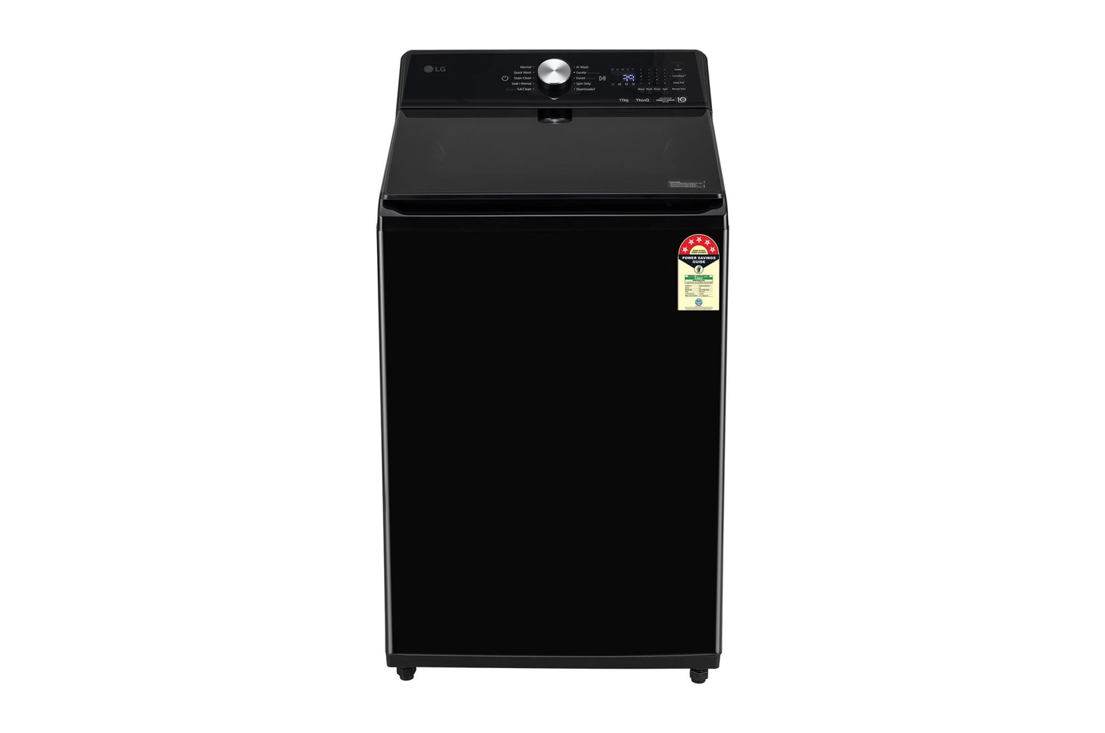 Front view of LG 11Kg Top Load Washing Machine, AI Direct Drive™, In-Built Heater, Stain Clean, Platinum Black, 5 Star TX511SWP