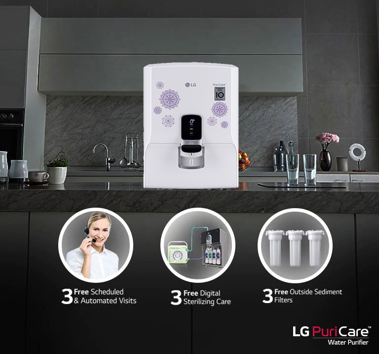 LG Water Purifier complementary maintenance package offers 3 free visits, digital sterilizing & sediment filters.