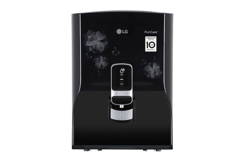 Front view of LG 8L RO+UV+Mineral Booster Water Purifier, Steel Tank, Black WW151NT