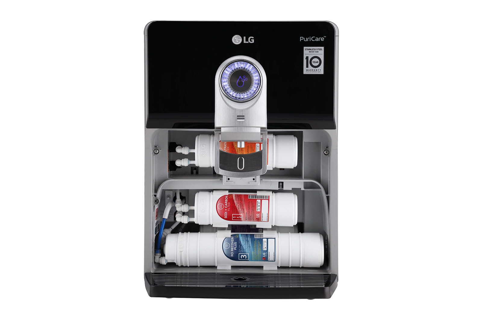 LG 8L RO+UV+UF+Mineral Booster Water Purifier with Steel Tank, Black, WW184ETB, Right Side View, Door Open