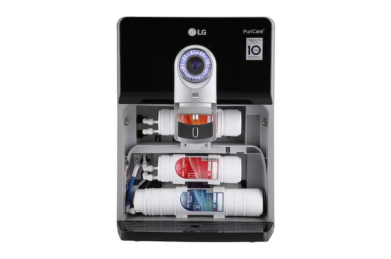LG 8L RO+UV+UF+Mineral Booster Water Purifier with Steel Tank, Black, WW184ETB, Right Side View, Door Open