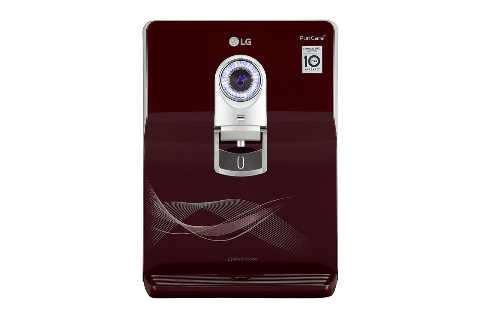 Front view of LG 8L RO+UV+UF+Mineral Booster Water Purifier with Steel Tank, Crimson Red WW184ETC