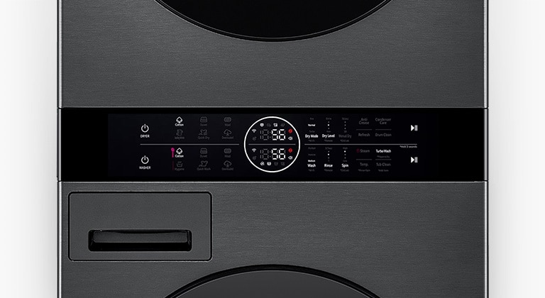 Large view of the LG Objet WashTower center panel. A few buttons are on.