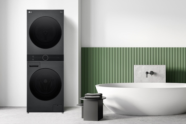 LG WashTower positioned in a bathroom