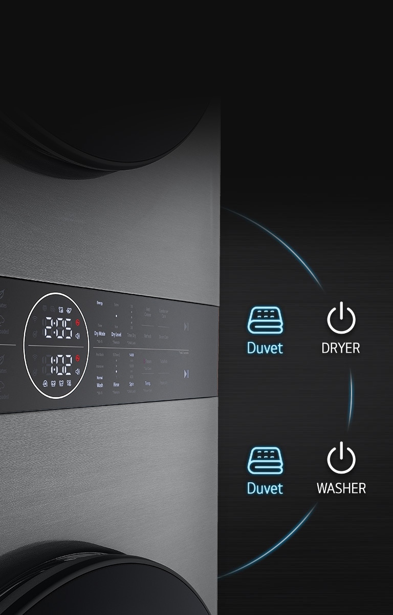 This is an image of the product panel. Dryer's Duvet button and Washer's Duvet button are highlighted.