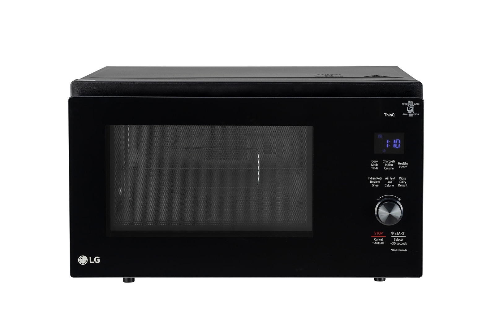 Front view of LG 32 L Convertible Microwave Oven with Air Fry, Charcoal Lighting Heater™, 431 Auto Cook Menu Powered by Thinq, Black MJEN326ULWF