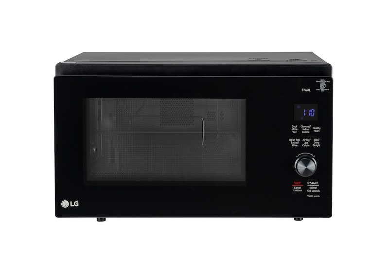Front view of LG 32 L Convertible Microwave Oven with Air Fry, Charcoal Lighting Heater™, 431 Auto Cook Menu Powered by Thinq, Black MJEN326ULWF