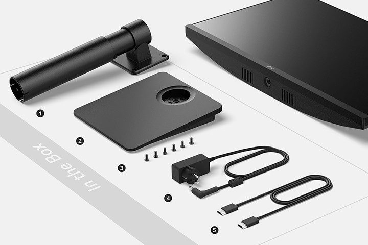 Stand body, Stand base, Screws, Adapter+Power code and HDMI cable in the box.