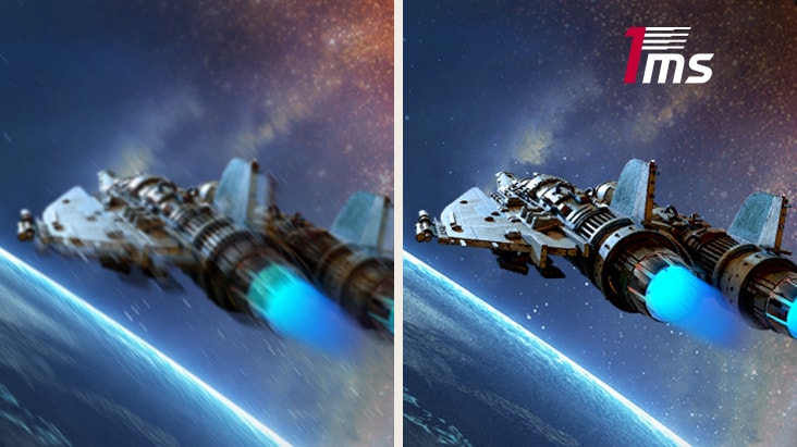 Side-by-side comparison of a space-themed scene showing a spaceship flying over Earth. The left side appears blurry, while the right side is sharp and clear with '1ms GtG' labeled in the top-right corner—demonstrating the ultra-fast response time of the monitor for reduced motion blur.