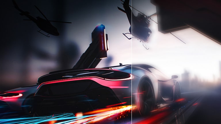 It shows two compared animations, a car running in the game. The two animations look the same, but the first one that does not apply a 144Hz refresh rate is less clear than another.