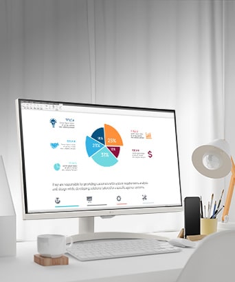 On the table, there is a smart monitor, displaying a home office document being worked on. To the left of the monitor, there is a cup with a handle, and to the right, there is a mobile phone, a pencil holder, and a stand.
