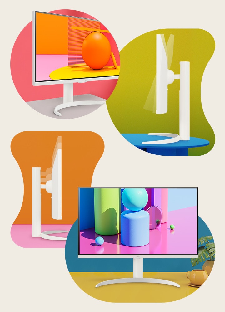 There is a monitor with a thin bezel, displaying the screen at a -15-degree angle, providing a side view showcasing the tilt and height, and exhibiting a stylish front view.