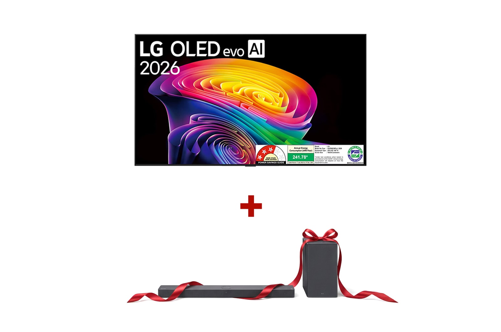 The front view of LG OLED evo AI C6, released in 2026, features a slim black bezel, with a vivid, sculpted swirl of layered rainbow tones flowing across the screen.