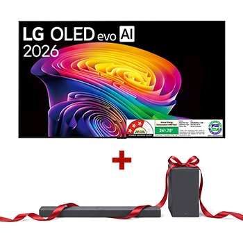The front view of LG OLED evo AI C6, released in 2026, features a slim black bezel, with a vivid, sculpted swirl of layered rainbow tones flowing across the screen.