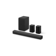Soundbar, subwoofer e casse posteriori visti da tre quarti verso sinistra