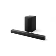 Soundbar e subwoofer visti da tre quarti verso sinistra