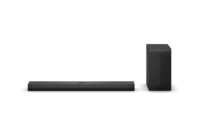 Vista frontale della soundbar con subwoofer