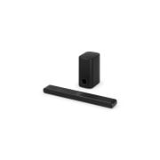 Vista in prospettiva della soundbar e del subwoofer