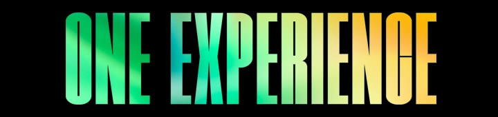 Le parole “ONE EXPERIENCE” con un motivo sfumato verde e giallo