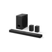 Immagine della soundbar con subwoofer e casse posteriori angolati verso sinistra