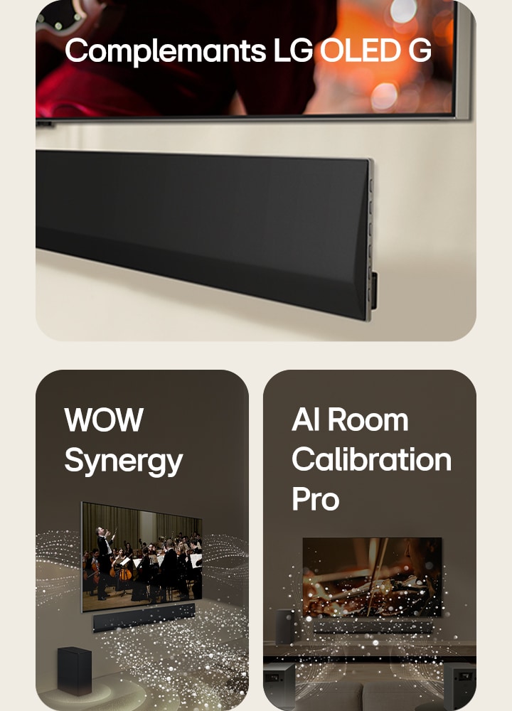 Composizione di 3 immagini: - Una prospettiva angolata della parte inferiore di un TV LG e di una soundbar LG, affissi al muro. - Una soundbar e un TV LG in salotto mentre si vede un concerto. Onde bianche di goccioline che rappresentano le onde sonore vengono sparate verso l'alto e in avanti dalla soundbar e si proiettano dal TV, mentre il subwoofer crea un effetto sonoro dal basso. - Una soundbar, un TV LG, degli altoparlanti posteriori e il subwoofer si trovano in soggiorno. Sulla stanza viene visualizzata una sovrapposizione di griglia, come una scansione dello spazio. Dalla prospettiva frontale degli altoparlanti posteriori escono onde sonore bianche composte da goccioline.