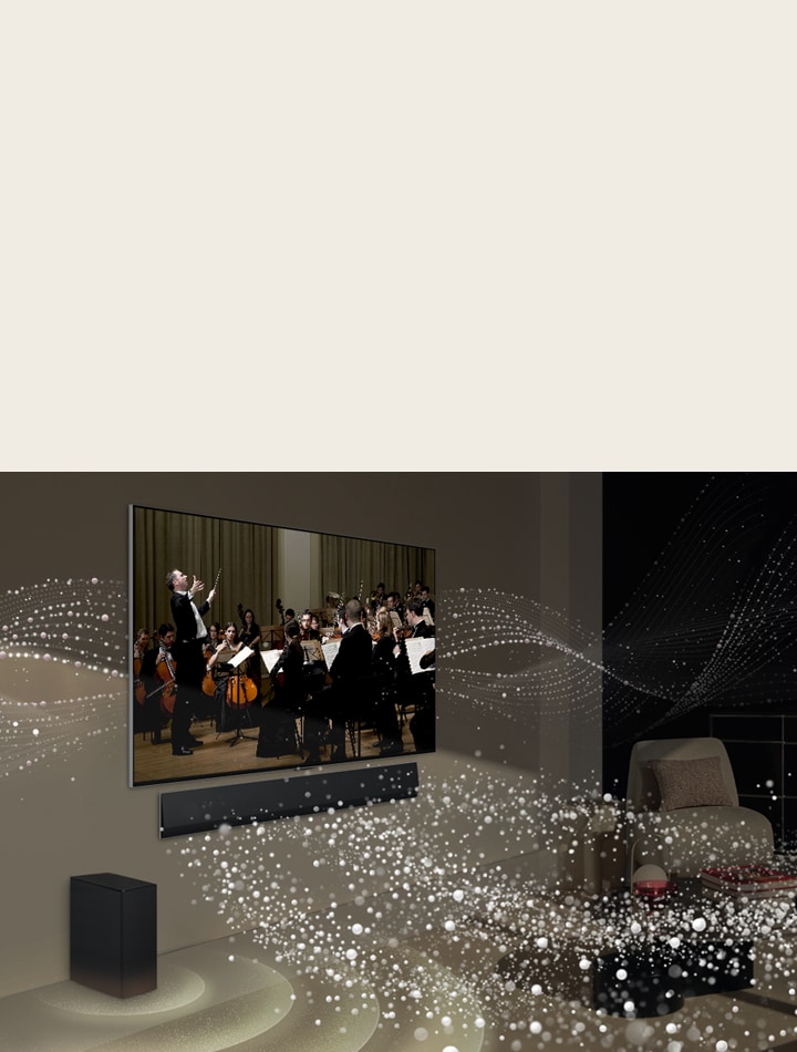 Una soundbar e un TV LG in salotto mentre si vede un concerto. Onde bianche di goccioline che rappresentano le onde sonore vengono sparate verso l'alto e in avanti dalla soundbar e si proiettano dal TV, mentre il subwoofer crea un effetto sonoro dal basso.