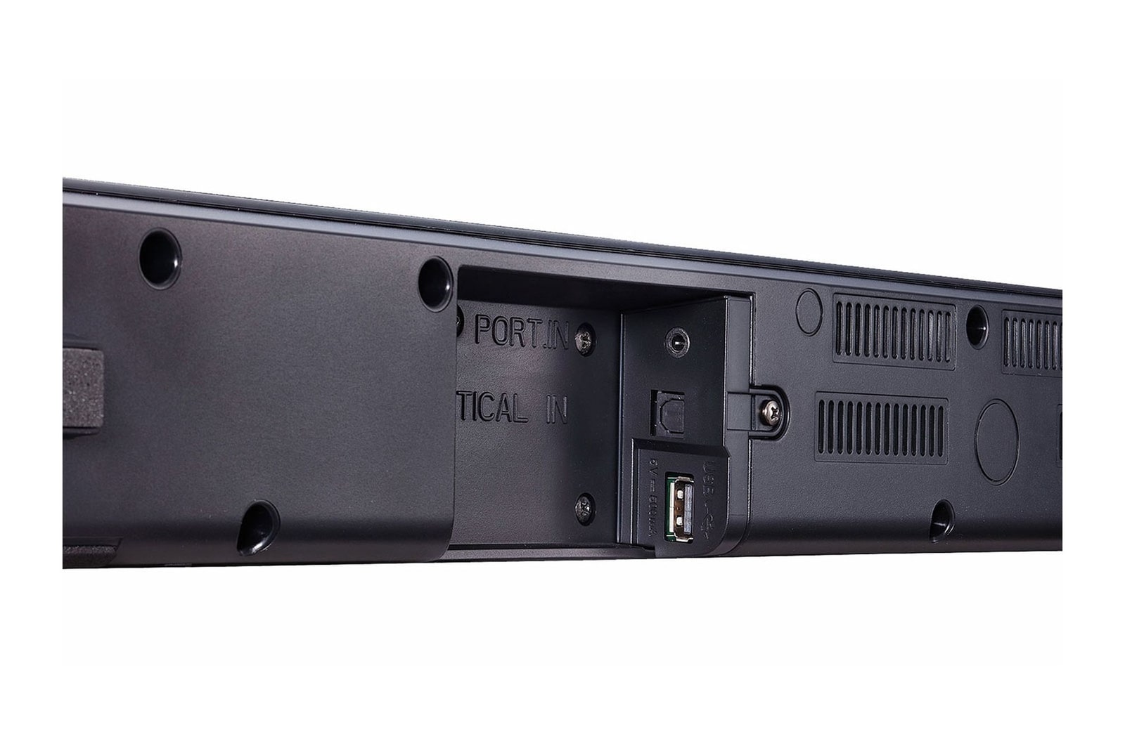 Dettaglio degli ingressi della soundbar visti in prospettiva