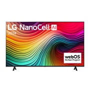 Vista frontale del TV LG NanoCell serie NANO82. Sul TV ci sono il logo LG NanoCell e il logo webOS Re:New Program.