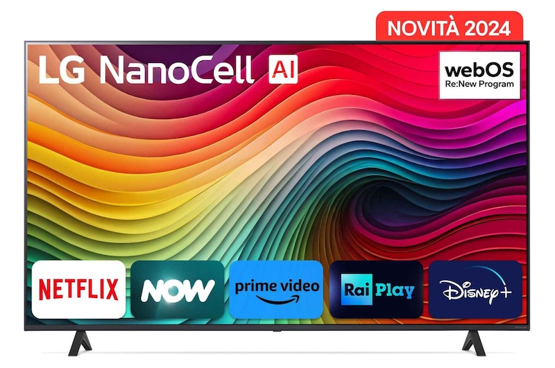 Immagine frontale del TV con la scritta Novità 2024 in alto. Sullo schermo ci sono i loghi Netflix, NOW, Prime Vide, Rai Play e Disney+.