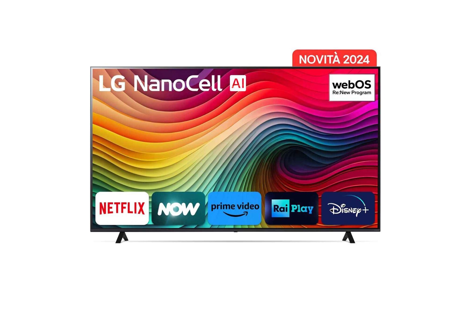 Immagine frontale del TV con la scritta Novità 2024 in alto. Sullo schermo ci sono i loghi Netflix, NOW, Prime Vide, Rai Play e Disney+.