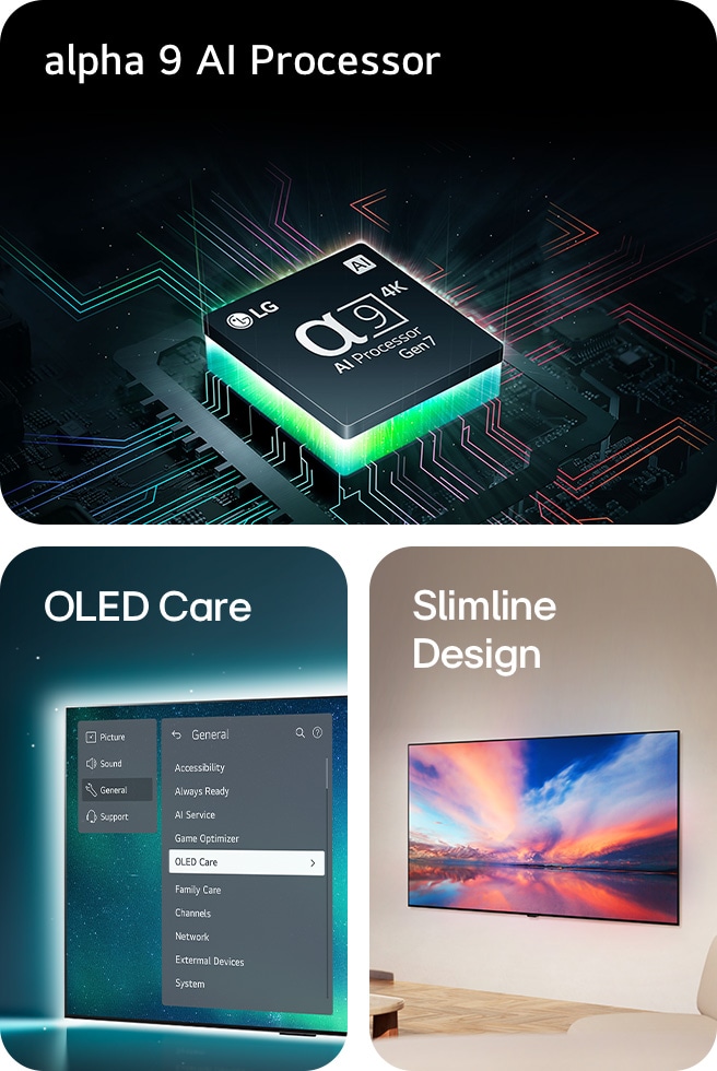 4 immagini che ritraggono i punti di forza dei TV OLED evo LG. Il processore LG α9 Gen7 con AI sopra una scheda madre, emette lampi di luce viola e rosa. Il Brightness Booster con l'immagine di un leopardo bianco. Il design ultra sottile del TV OLED C4 affisso al muro in un ambiente moderno. Il menu OLED Care di un TV OLED evo.
