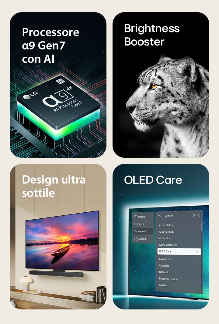 4 immagini che ritraggono i punti di forza dei TV OLED evo LG.   Il processore LG α9 Gen7 con AI sopra una scheda madre, emette lampi di luce viola e rosa.  Il Brightness Booster con l'immagine di un leopardo bianco.  Il design ultra sottile del TV OLED C4 affisso al muro in un ambiente moderno.  Il menu OLED Care di un TV OLED evo.