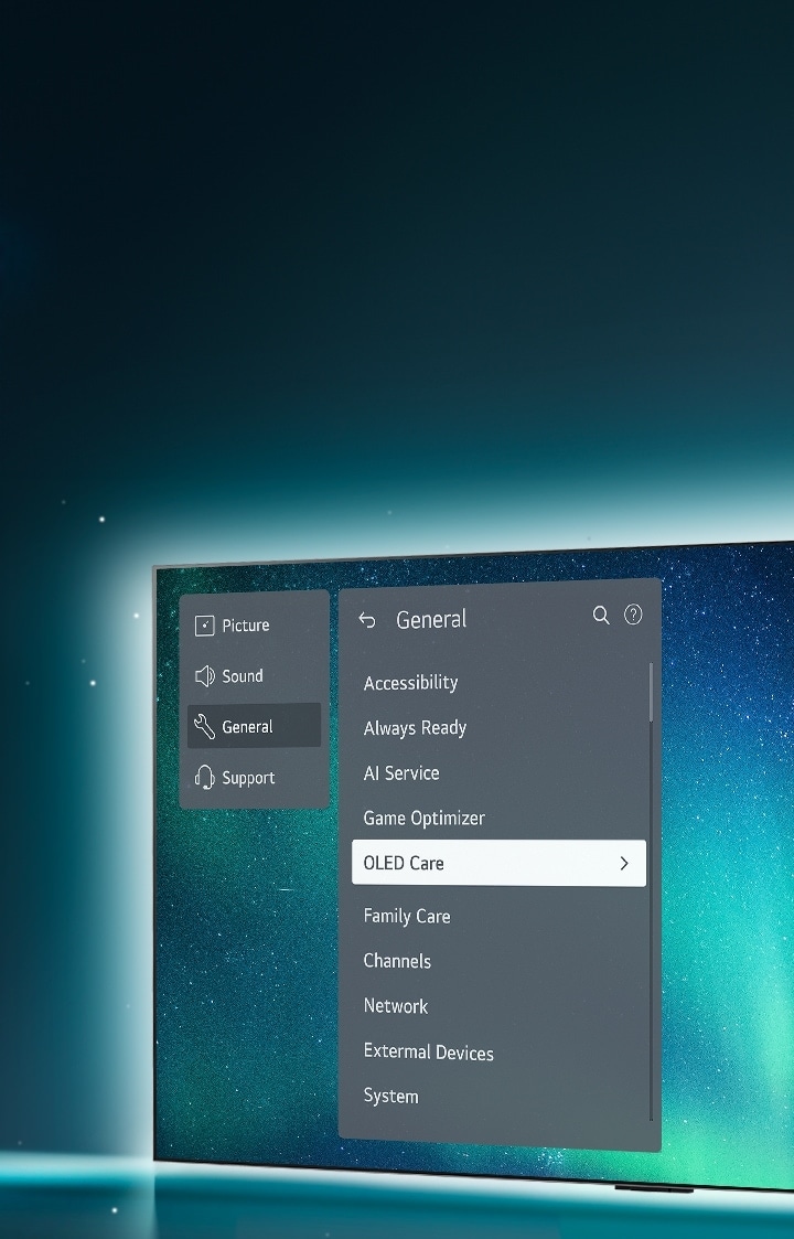 Il TV OLED si trova sul lato destro dell'immagine. Sullo schermo viene visualizzato il menu Supporto ed è selezionato il menu OLED Care.