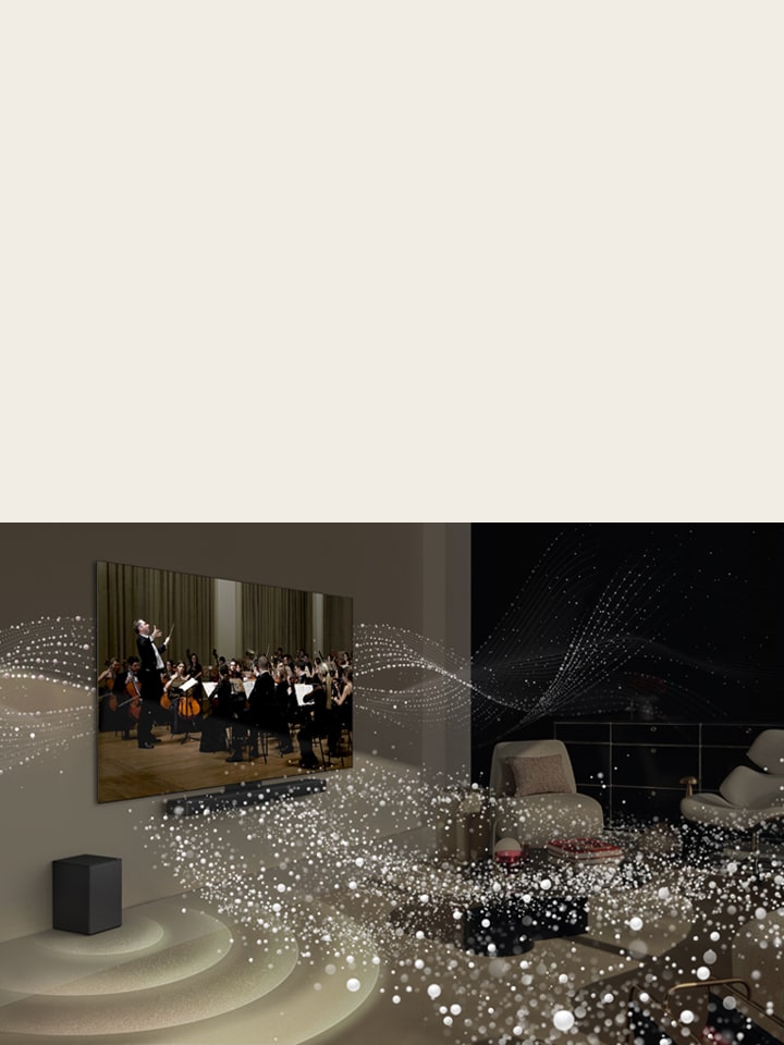 Un TV OLED LG e una soundbar montati sulla parete in un soggiorno, su cui è sovraimpressa una grafica colorata che simula l'audio che riempie la stanza.