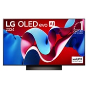 Vista frontale con TV LG OLED evo, OLED AI C4, 11 anni di emblema OLED n. 1 al mondo e logo webOS Re:New Program sullo schermo