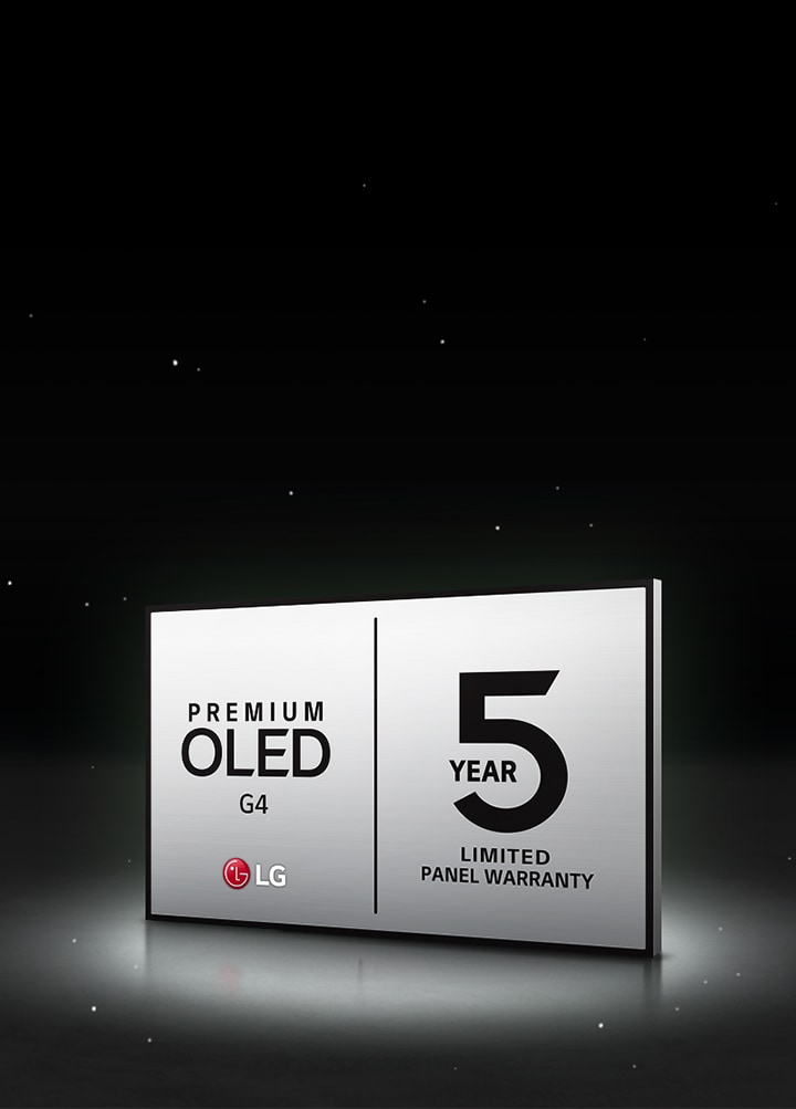 Immagine che riporta i loghi LG OLED Care+ e 5 anni di garanzia sul pannello su uno sfondo nero.