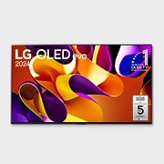 Vista frontale con TV LG OLED evo, OLED G4, emblema OLED di 11 anni numero 1 al mondo e logo di garanzia del pannello di 5 anni sullo schermo