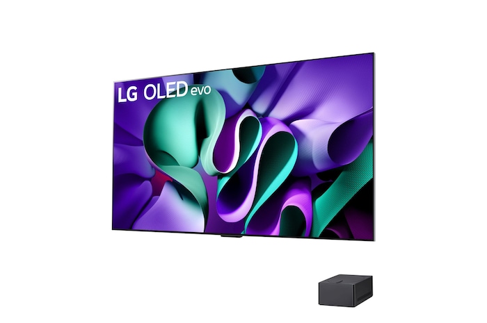 Left-facing side view of LG OLED evo TV, OLED M4 on the wall, and a Zero Connect Box placed below the TV