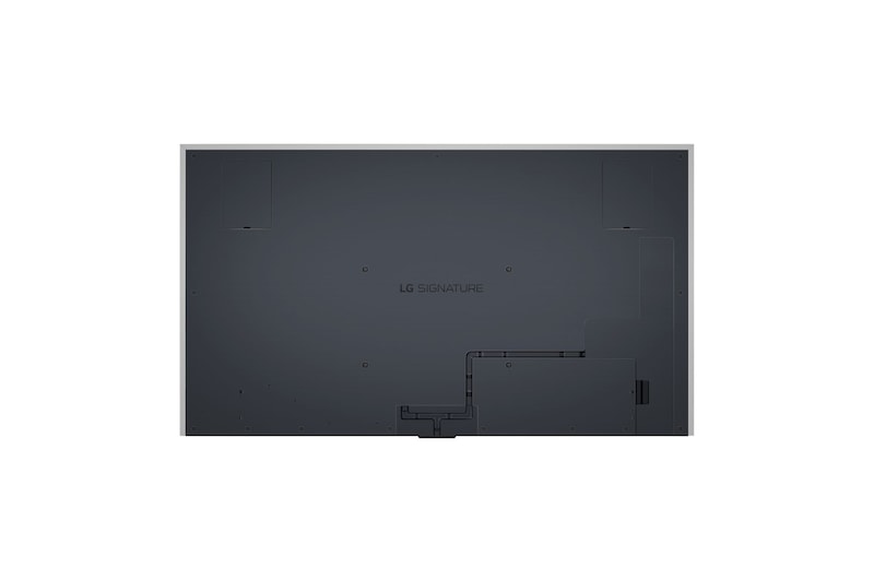 An LG SIGNATURE OLED M4 within an angled perspective mounted on the wall of a bright, modern living room. A Zero Connect Box on a table in front, and a red Wi-Fi signal and red beam emitting towards the TV. The words "clutter FREE" in the bottom right corner.