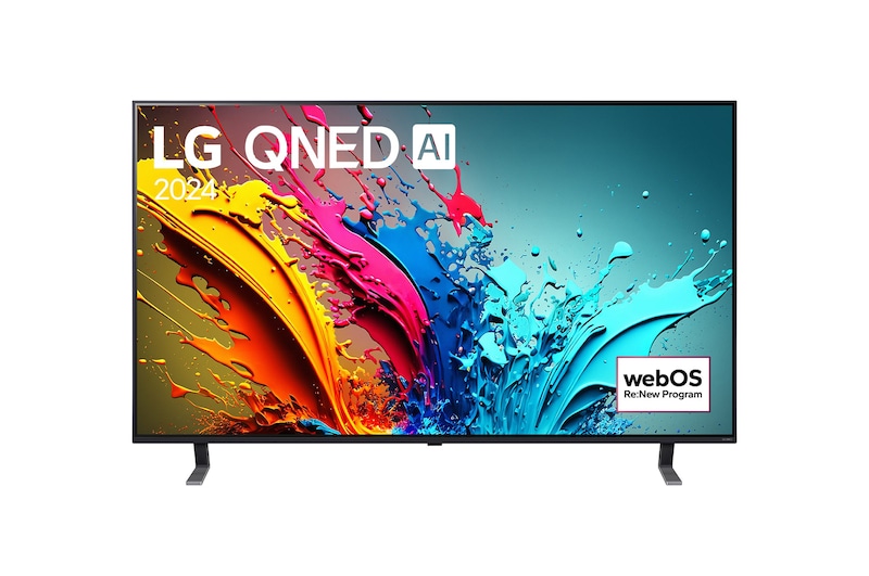 Vista frontale del TV con il logo del programma di aggiornamento webOS Re:New