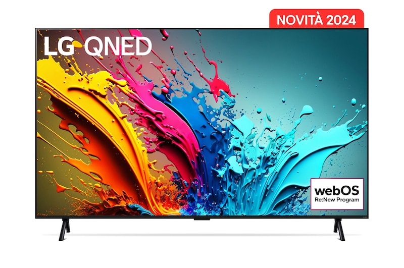 Vista frontale del TV con il logo del programma di aggiornamento webOS Re:New