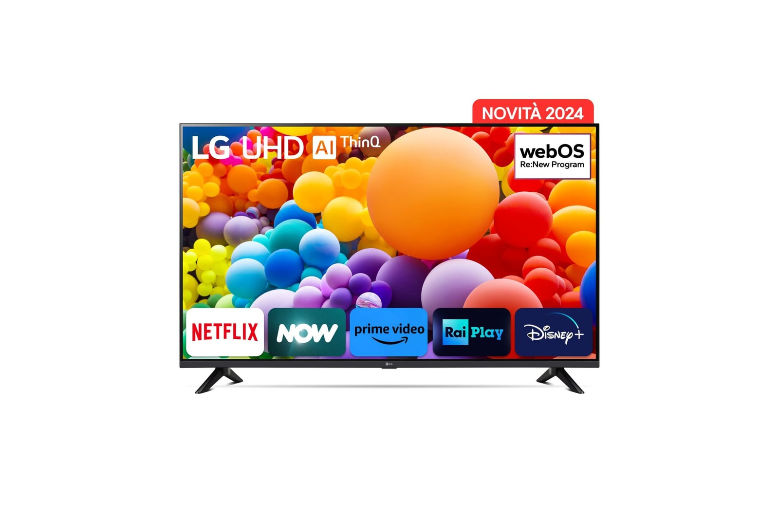 Immagine frontale del TV con la scritta Novità 2024 in alto. Sullo schermo ci sono i loghi Netflix, NOW, Prime Vide, Rai Play e Disney+.