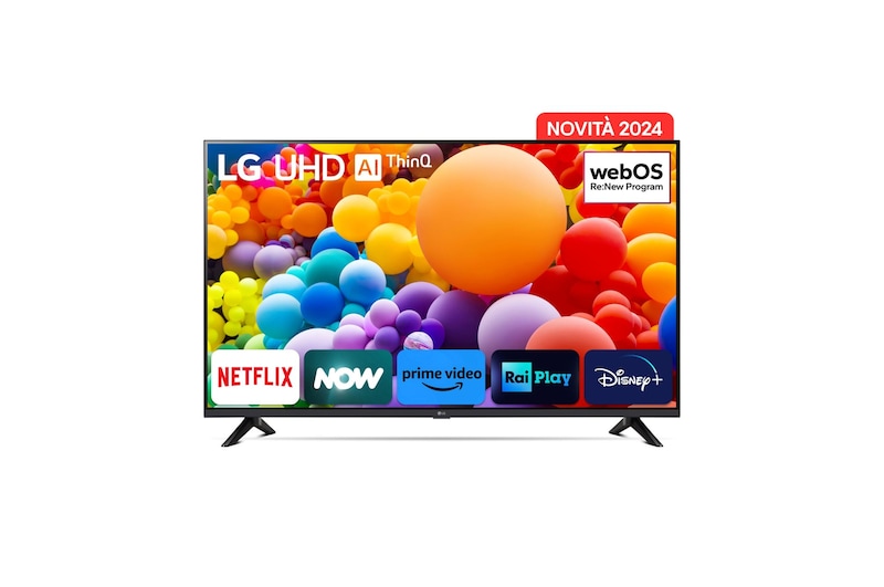 Immagine frontale del TV con la scritta Novità 2024 in alto. Sullo schermo ci sono i loghi Netflix, NOW, Prime Vide, Rai Play e Disney+.