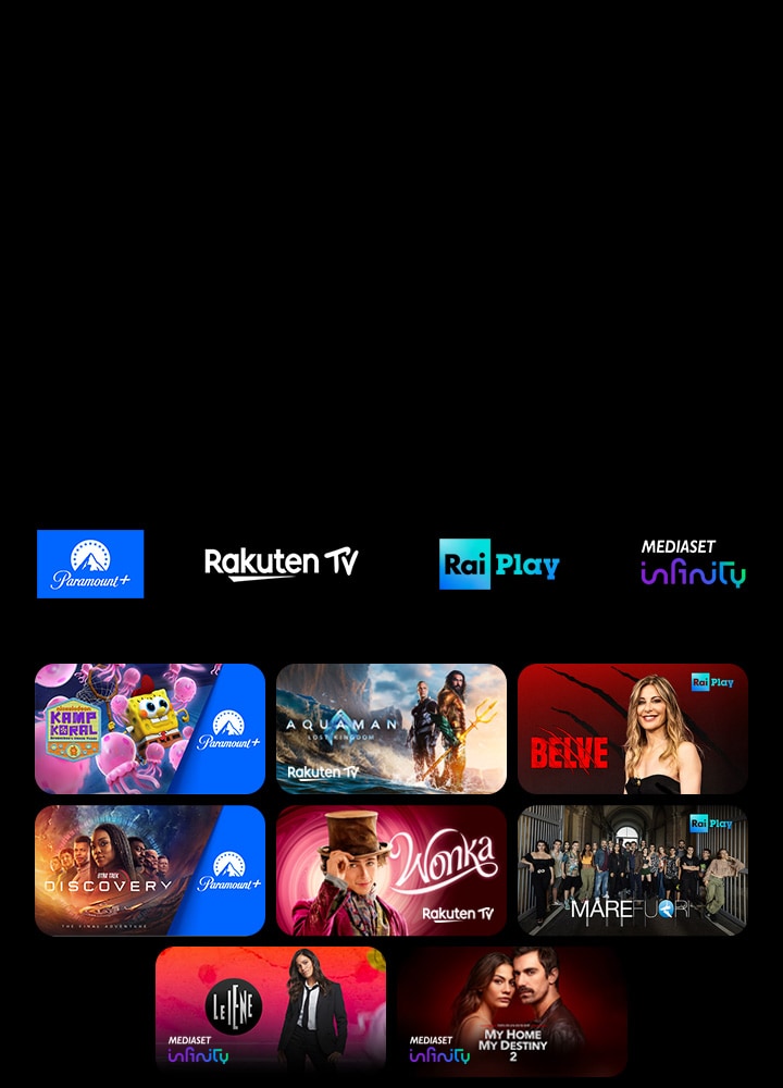I loghi Paramount+, Rakuten TV, ROXi e Now appaiono di seguito. Sotto di essi, ci sono poster di serie TV e film esclusivi.