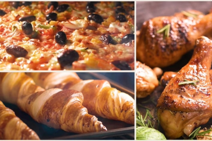 cibi deliziosi, tra cui pizza, croissant appena sfornati e pollo arrosto
